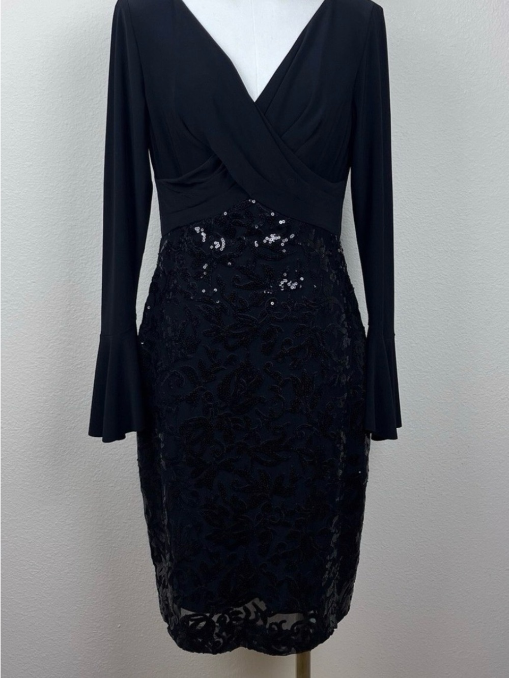 Ralph Lauren Black V-Neck Long Sleeve Lace & Sequin Dress